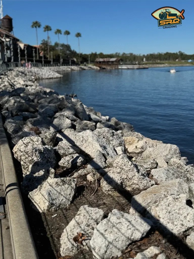 SRQ Grading installing riprap on a waterfront property in Bradenton to prevent erosion and stabilize the shoreline
